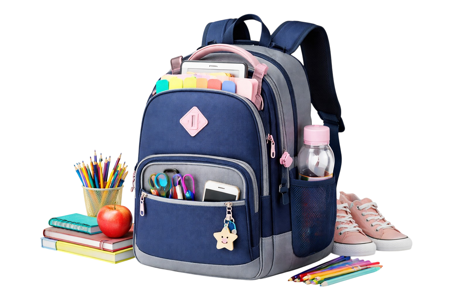 mochila escolar con accesorios coloridos